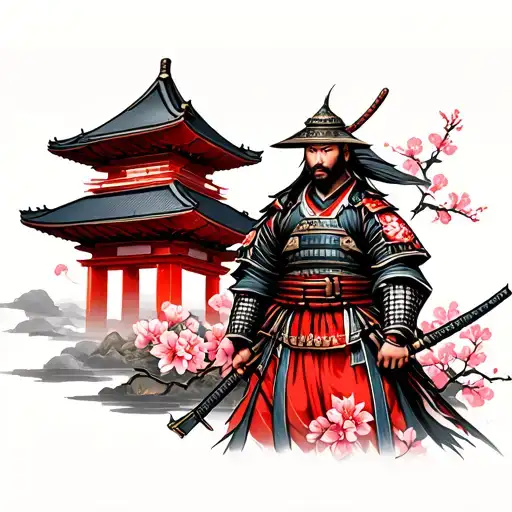 Samurai Warrior With Temple And Cherry Blooms