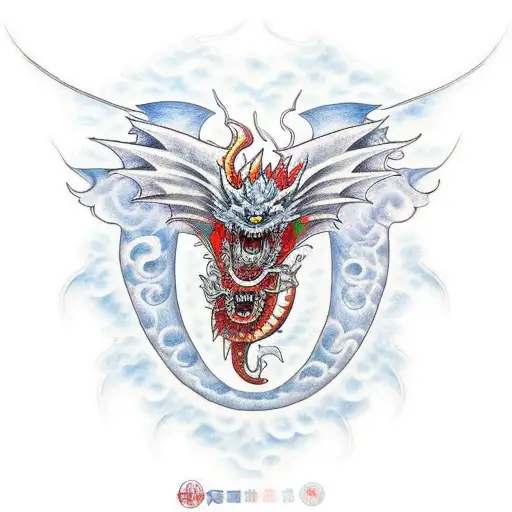 Two Headed Fire And Ice Dragon With Wings Spread Out