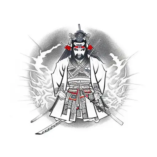 Samurai With Traditional Armor Holding Katana Surrounded By Souls Of Dead Enemies