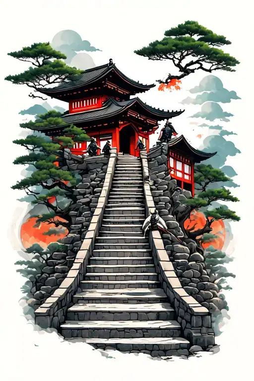 Japanese Stairway To Heaven With Samurai Walking Up Them And On Top Japanese House