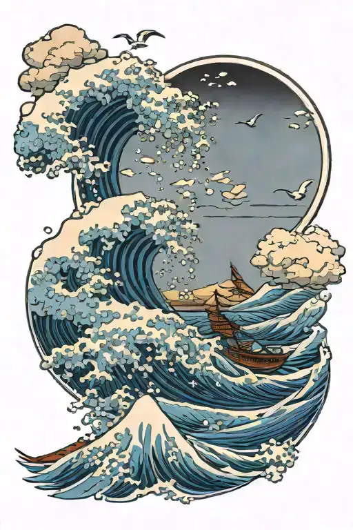 The Great Wave Off Kanagawa With Clouds Sun And Seagulls In The Background