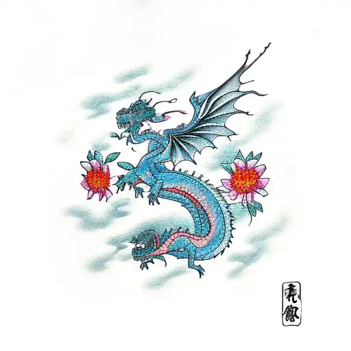 Flowers With A Dragon And The Words By Hois Grace I Am Healed In Japanese