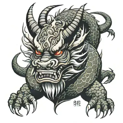Sketch Of A Japanese Dragon Wearing An Oni Mask With A Sign On Its Tail With The Inscription Kurausu