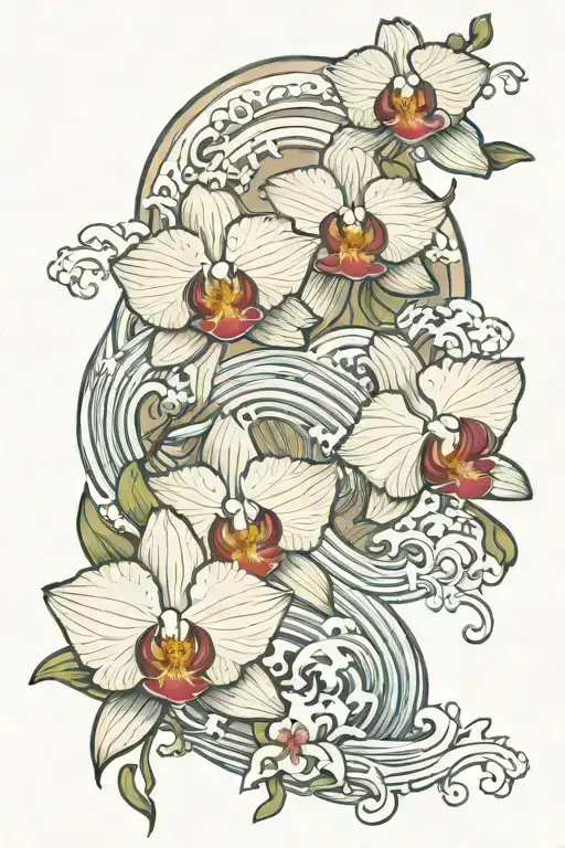 Waves Orchids Moon Merging Together