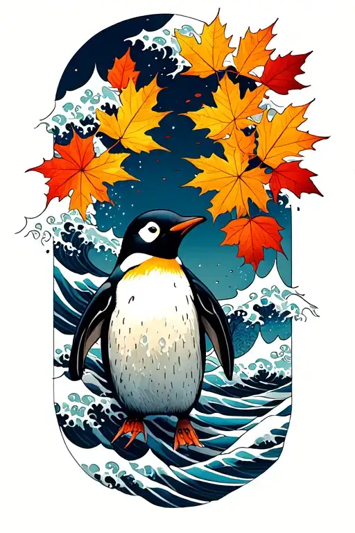 Japanese Waves Autumn Leaves Add Penguin Add Sky Filled
