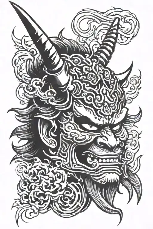Samurai Oni Mask Fire Flames