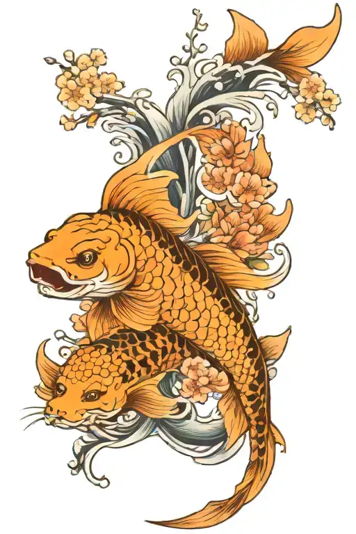 Koi Fish Swimming Upstream And Tiger And Monkey And Cherry Blossom