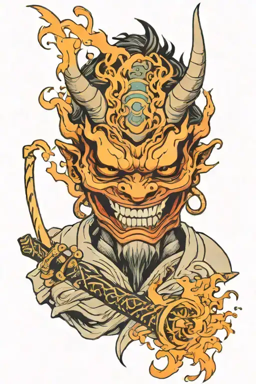 Oni Mask Samuri Holding Flame Sword With Color