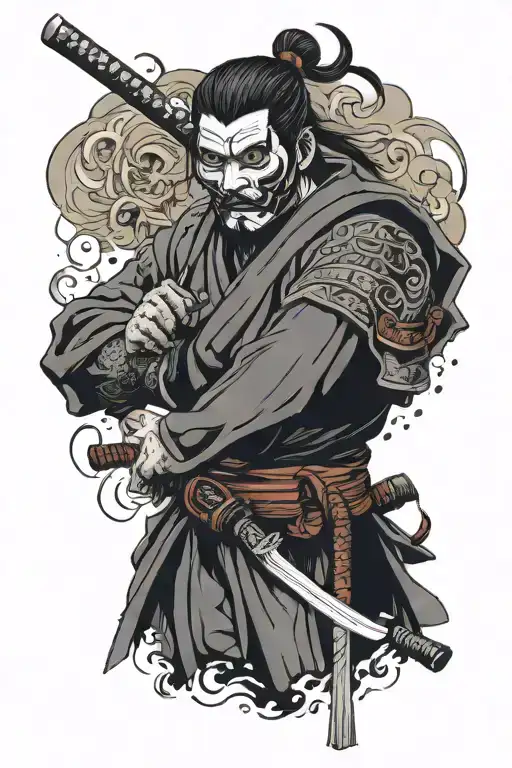 Samurai With Sword In Holster With O I Mask Face