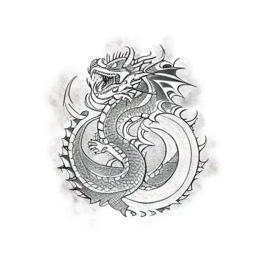 A Tribal-inspired Arm Tattoo Featuring A Dragon Surrounded By Traditional Japanese Symbols