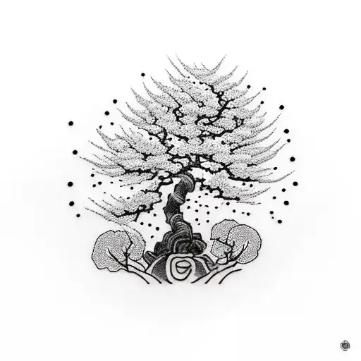 A Blackwork Tattoo Of A Bonsai Tree With Delicate Cherry Blossom Petals Falling Around It