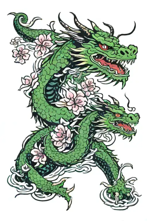 Green Dragon And Sakura Petals Floating In Water Darken