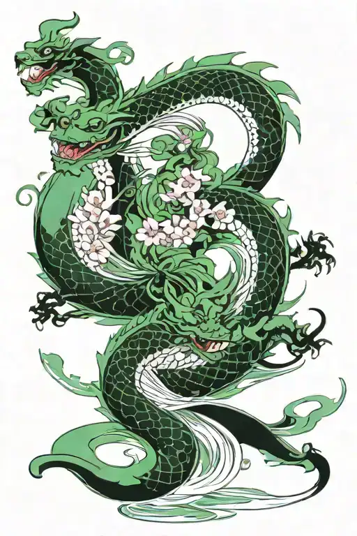 Green Dragon And Sakura Petals Floating In Water Darken
