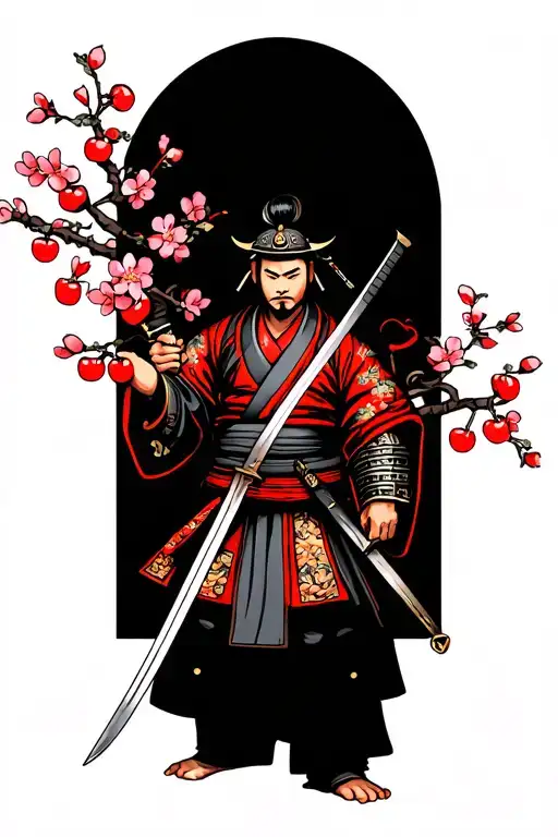 Samurai Warrior Holding Sword With Cherry Blossums
