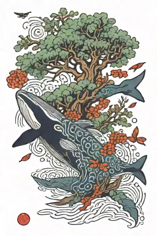 Japanese Rowan Tree And Whale Swimming Gracefully