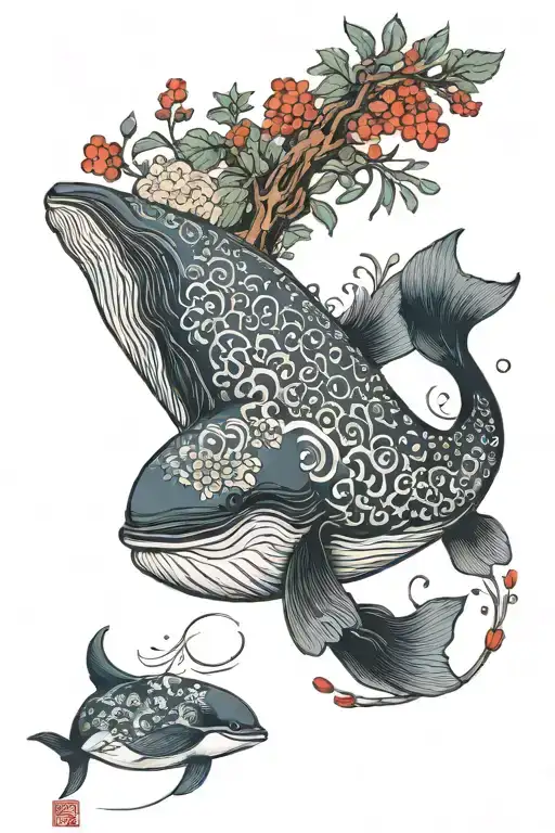 Japanese Rowan Tree And Whale Swimming