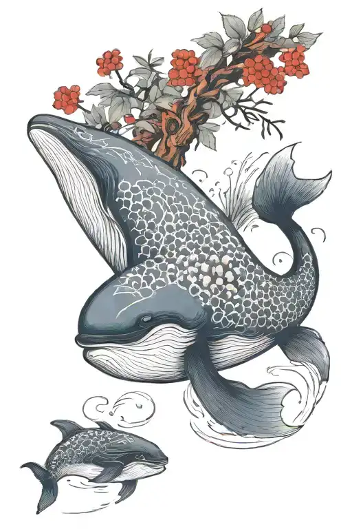 Japanese Rowan Tree And Whale Swimming