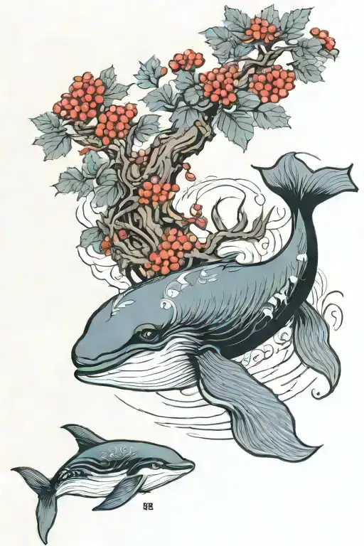 Japanese Rowan Tree And Whale Swimming