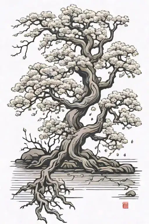 Willow Tree With Roots Reaching And Cherry Blossoms Falling Off It