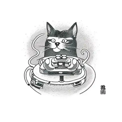 A Tattoo Featuring A Cat Playing A Video Game