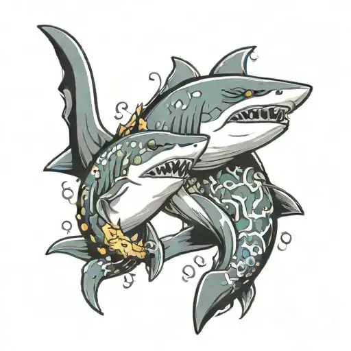 Two Cartoon Sharks Holding Their Fins Must Be Father And Daughter