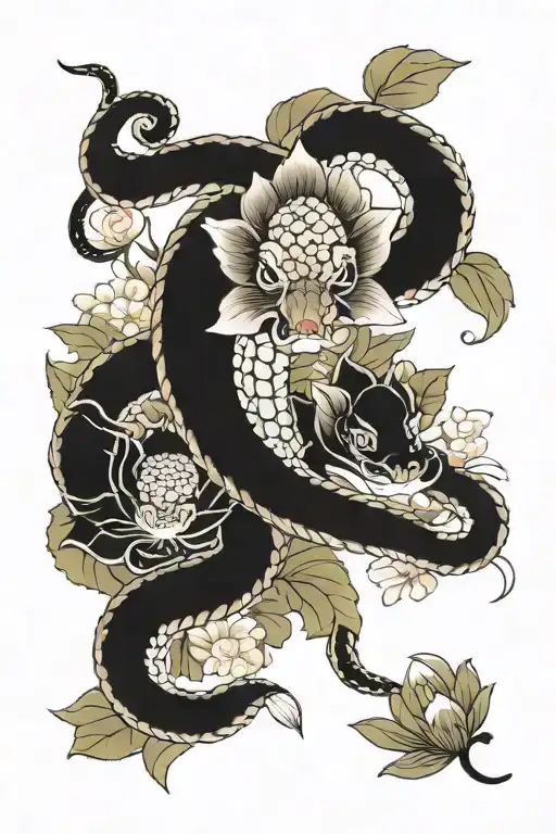 Chinese Snake And Lotus Flower Blooming