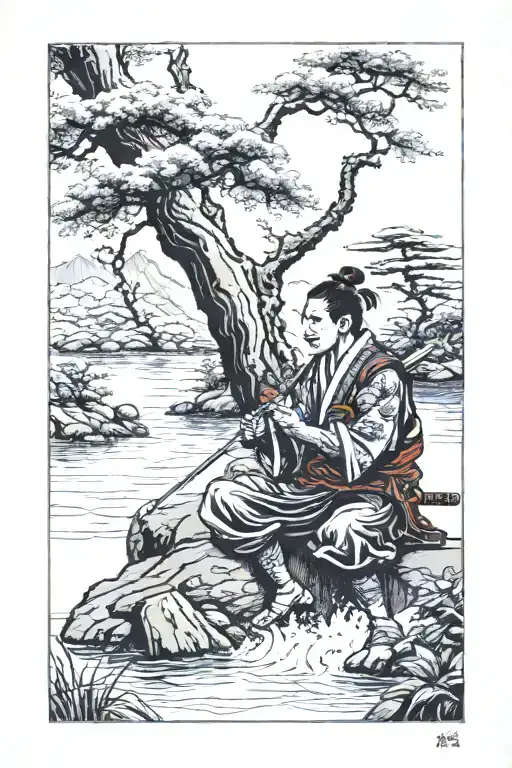 Samurai Playing On A Flute By A Lake And A Tree