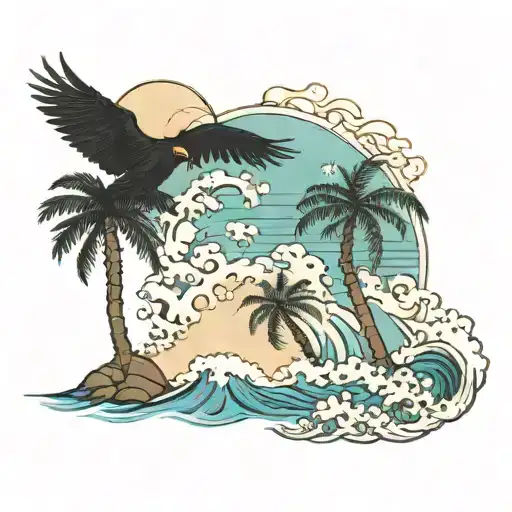 King Palm Tree And Crow Flying By Ocean Waves