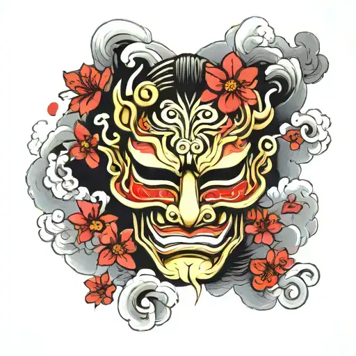 Hanja Mask On A Background Of Black Clouds With Red Flowers