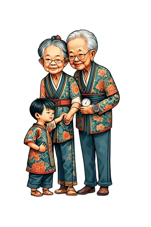 Grandparents Holding A Little Boys Hand And A Watch