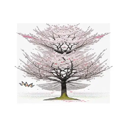 A Majestic Cherry Blossom Tree With Delicate Petals Falling And Transforming Into Butterflies