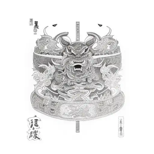 An Intricate Blackwork Design Of A Weightlifting Belt Adorned With Samurai Symbols