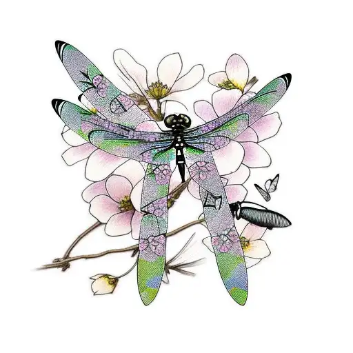 Dragonfly And Butterfly On Cherry Blossom Branch
