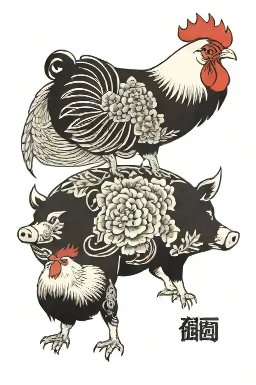 Pig And Rooster Standing Proudly