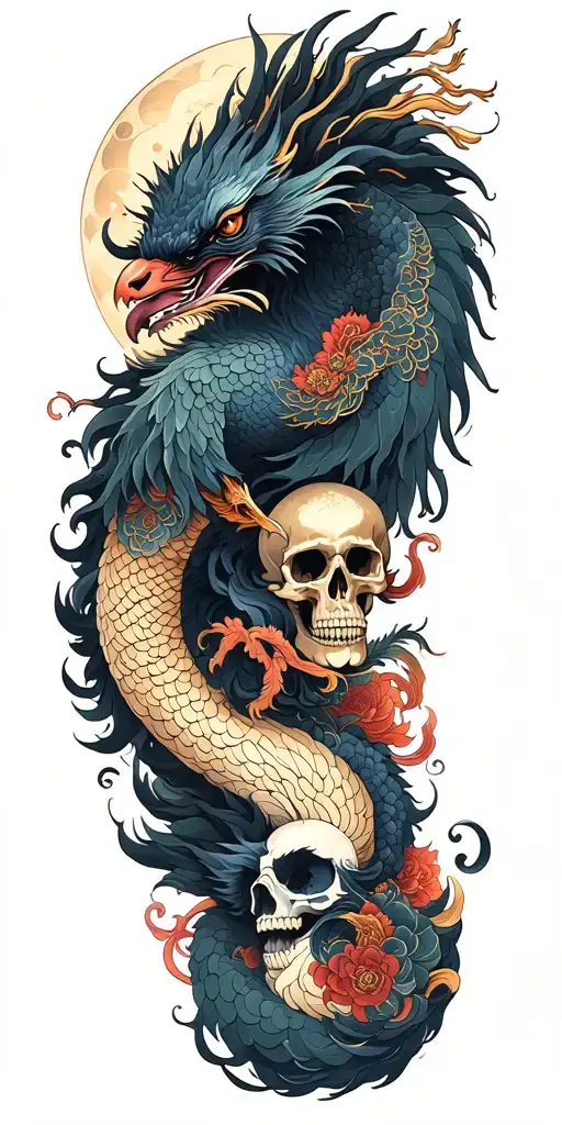 Chinese Dragon And Phoenix And Skull And Moon And Raven