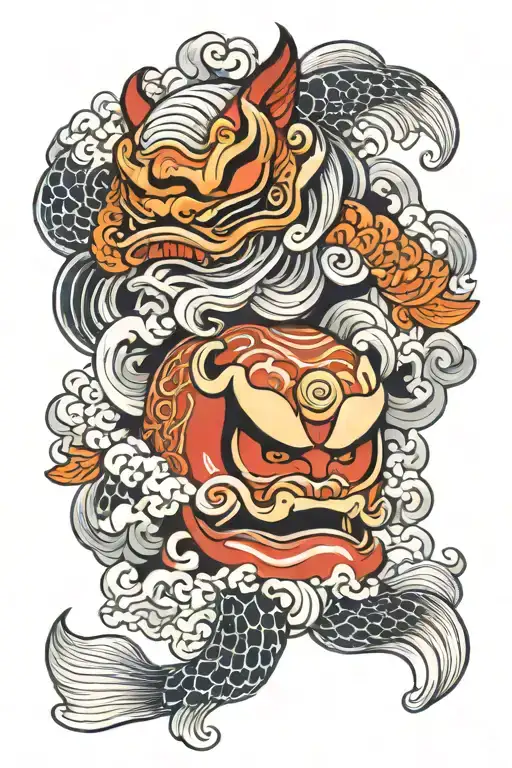 Daruma Doll And Oni Mask And Koi Fish
