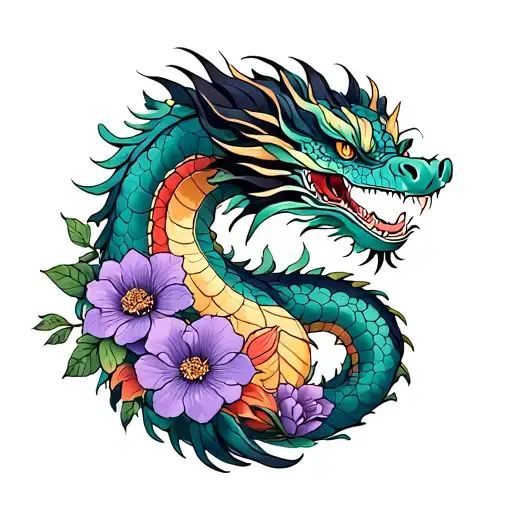 Dragon And Flowers With Purples