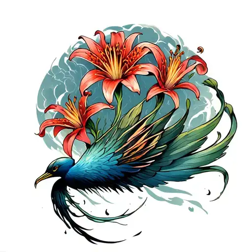 Spider Lily Flowers Raising From Ashes From The Tail Of A Flying Phonix