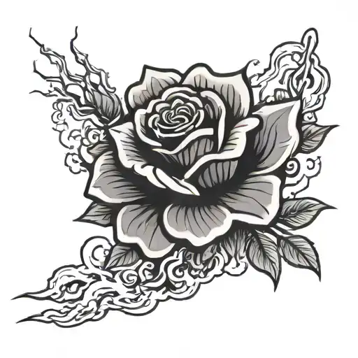 Japanese Style Tattoo With A Black Rose Being Hit By Lightning