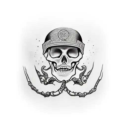 Skeleton With Biker Helmet In His Hand And A Cap On His Head