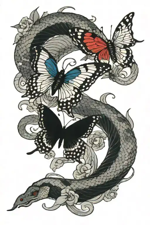 Butterfly And Snake Black And Grey But Butterflys Are Blue