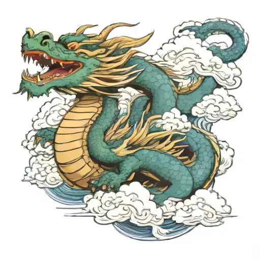 A Japanese Dragon Flying With Cloud Background