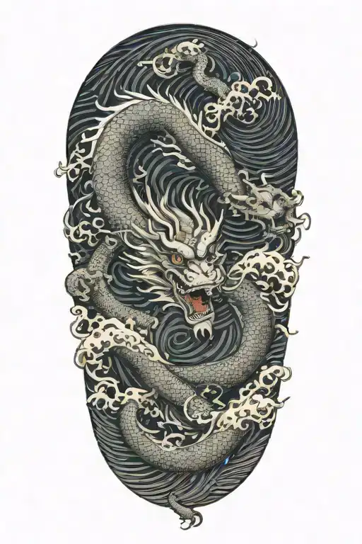 A Chinese Dragon Flying With 117 Scales Surrounded With Wave