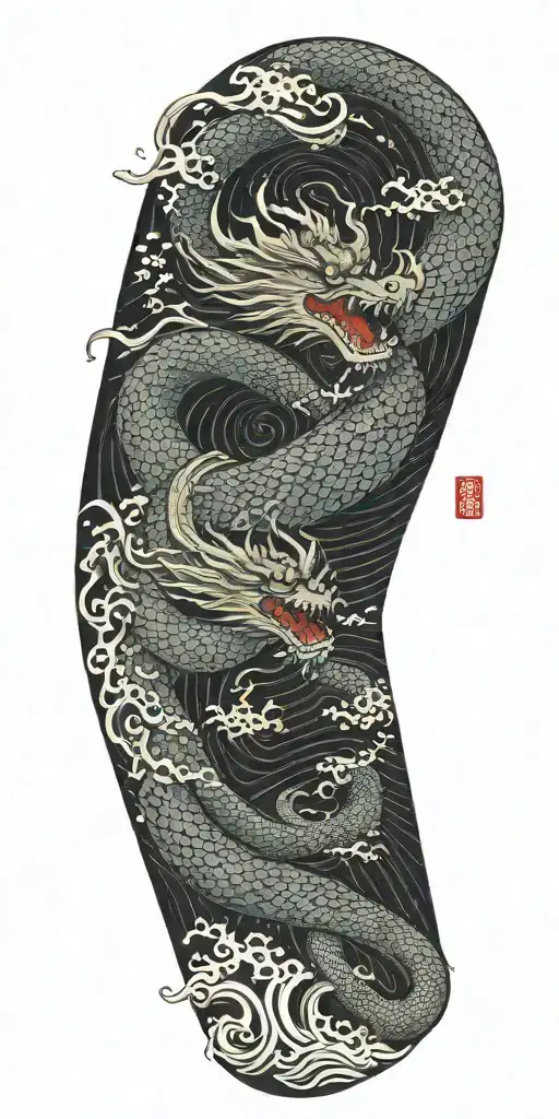 A Chinese Dragon Flying With 117 Scales Surrounded With Wave