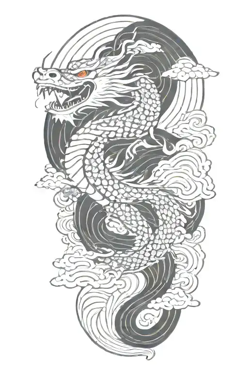 A Japanese Dragon Flying With Wave Pattern Background Symbolizing