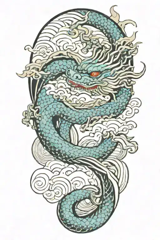 A Japanese Dragon Flying With Wave Pattern Background Symbolizing