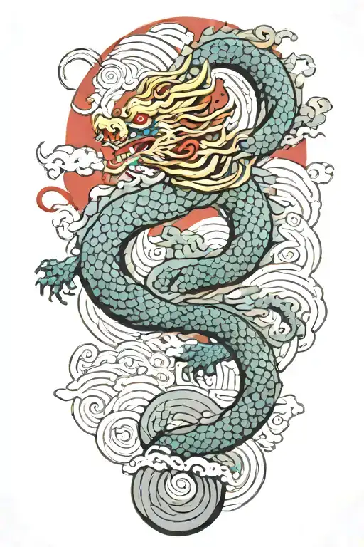 A Japanese Dragon Flying With Wave Pattern Background Symbolizing
