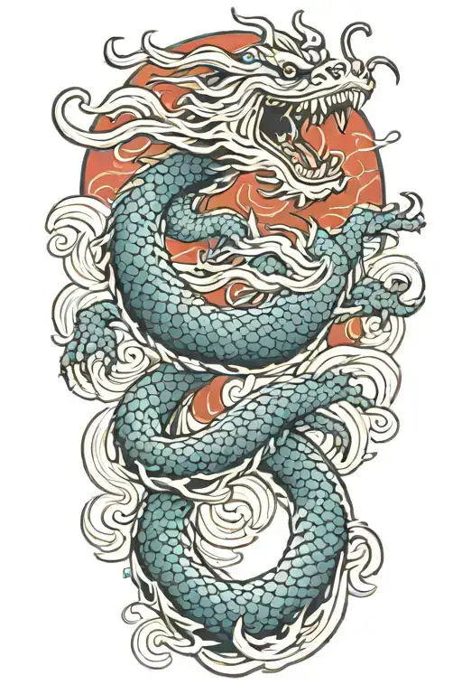 A Japanese Dragon Flying With Wave Pattern Background Symbolizing