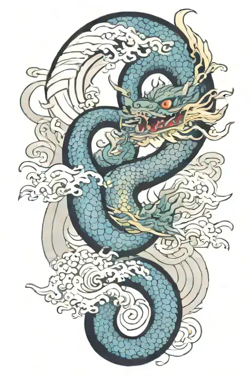 A Japanese Dragon Flying With Wave Pattern Background Symbolizing