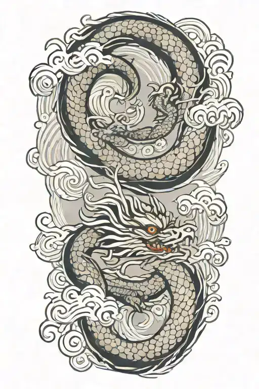 A Japanese Dragon Flying With Wave Pattern Background Symbolizing